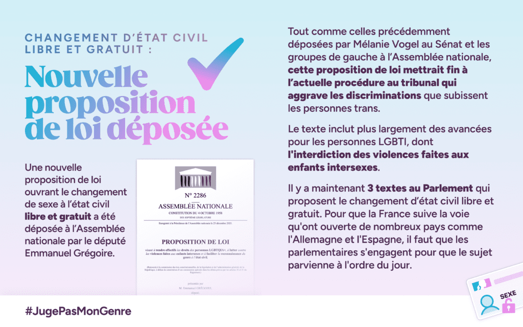 Une nouvelle proposition de loi ouvrant le changement de sexe à l’état civil libre et gratuit a été déposée à l’Assemblée nationale par le député Emmanuel Grégoire.