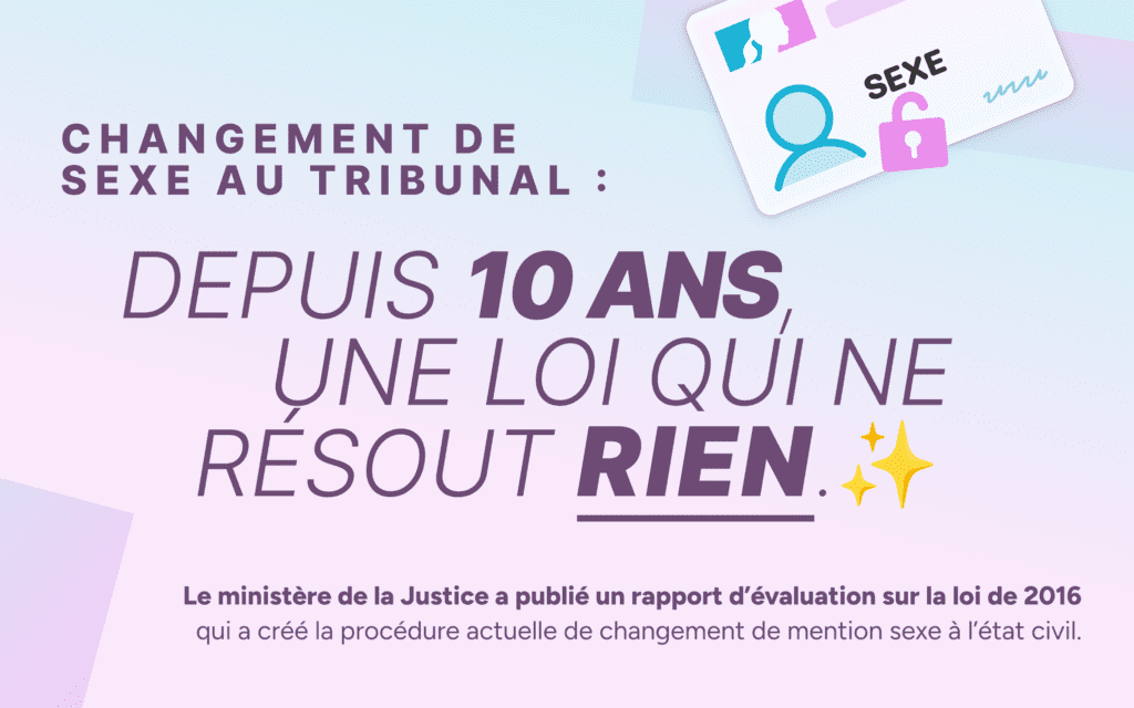 Changement de sexe au tribunal : DEPUIS 10 ANS, UNE LOI QUI NE RÉSOUT RIEN. Le ministère de la Justice a publié un rapport d'évaluation sur la loi de 2016 qui a créé la procédure actuelle de changement de mention sexe à l'état civil.